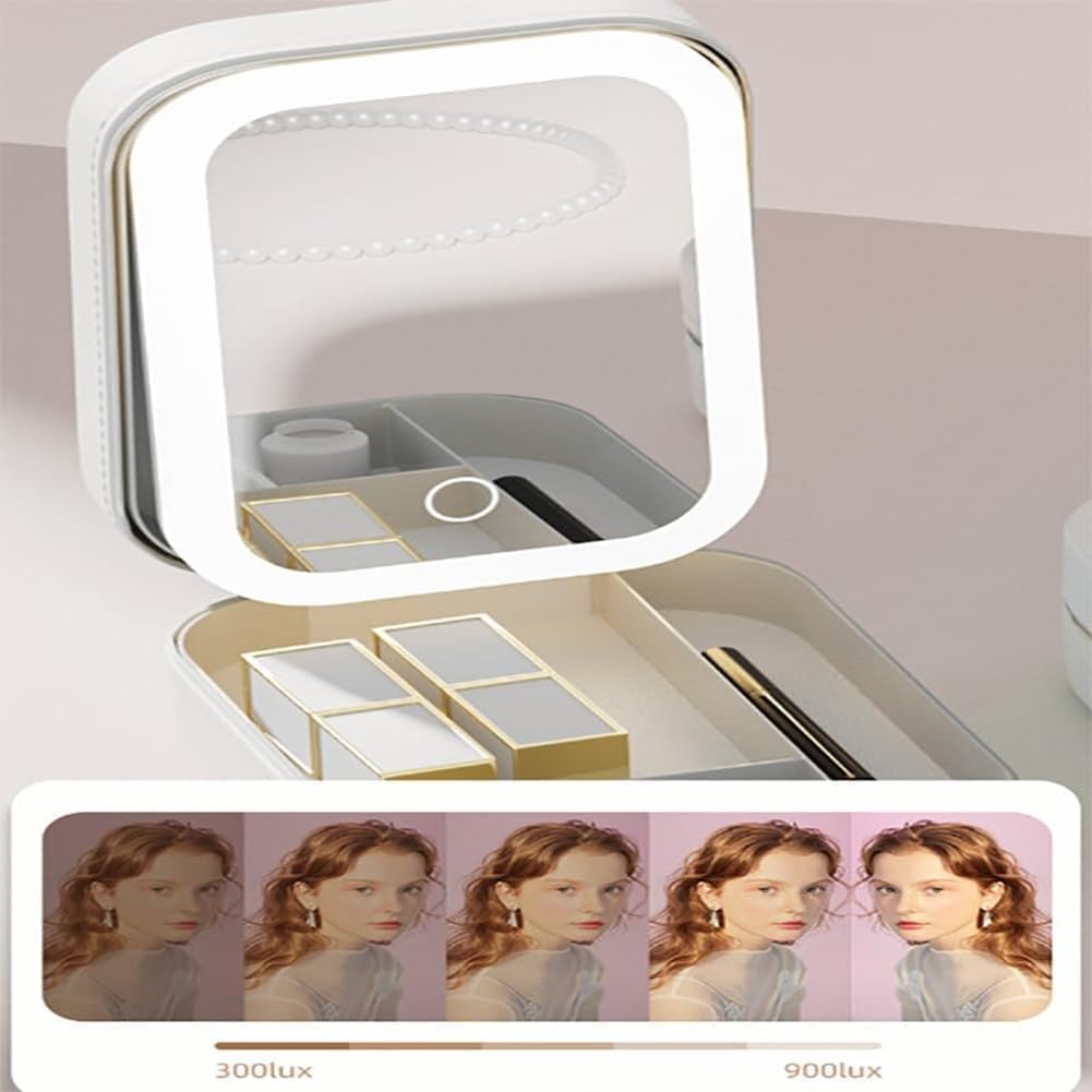 LED Makeup Case with Adjustable Mirror, Rechargeable, Portable Jewelry Box (White/Pink) - Image 5