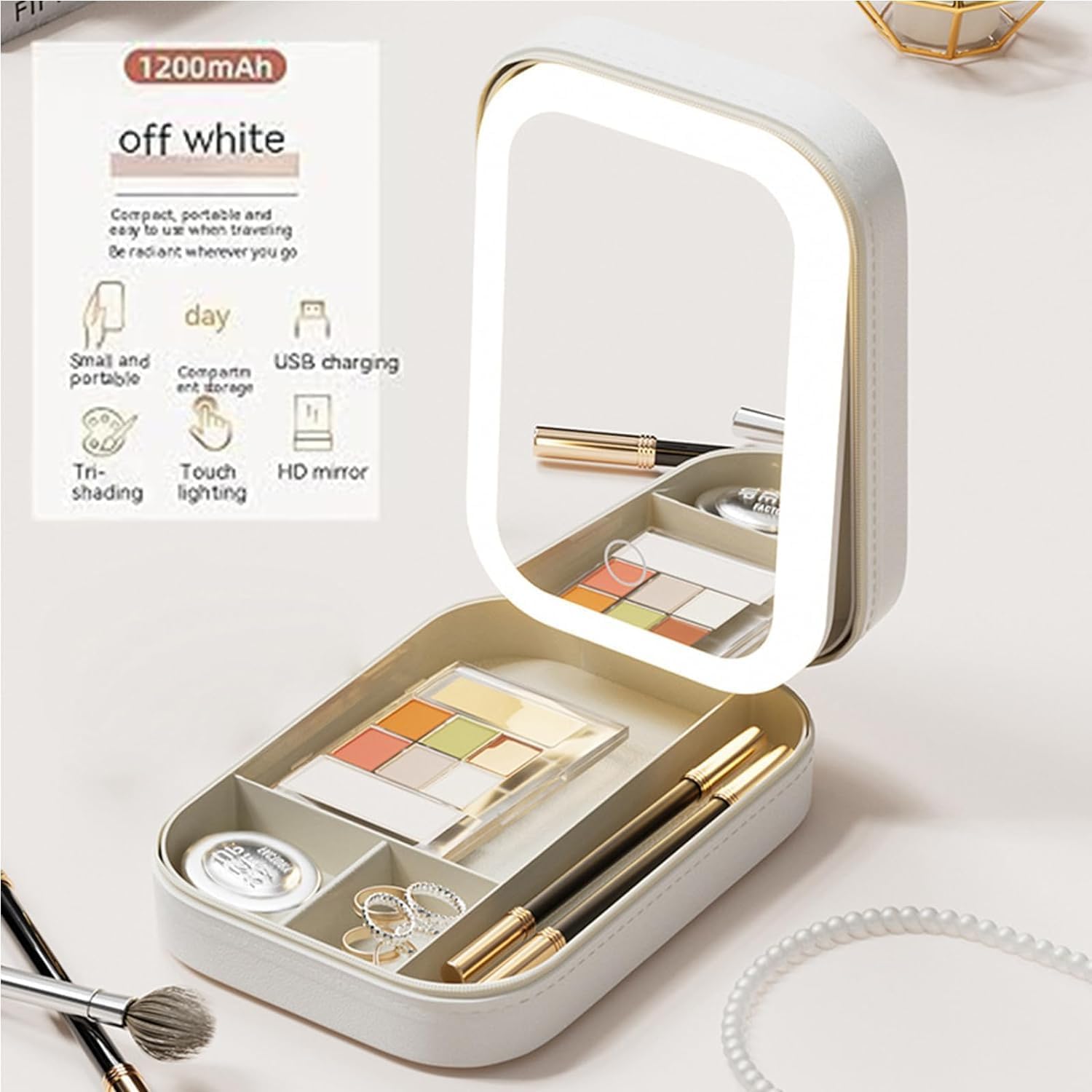 LED Makeup Case with Adjustable Mirror, Rechargeable, Portable Jewelry Box (White/Pink) - Image 3