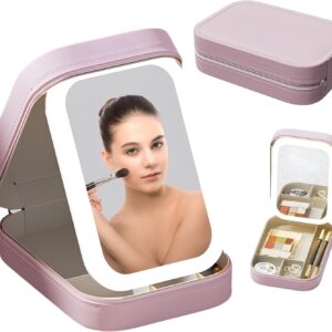 LED Makeup Case with Adjustable Mirror, Rechargeable, Portable Jewelry Box (White/Pink)
