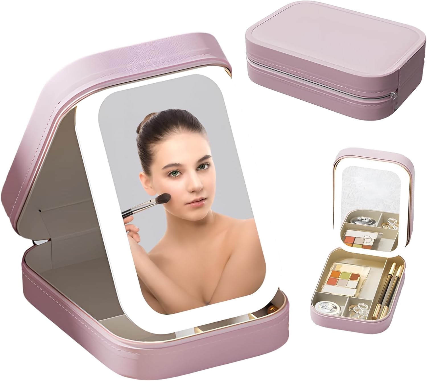 LED Makeup Case with Adjustable Mirror, Rechargeable, Portable Jewelry Box (White/Pink)