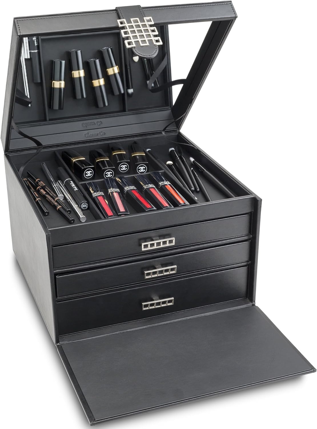 Extra Large Black PU Leather Makeup Organizer with 4 Drawers & Mirror - Image 3