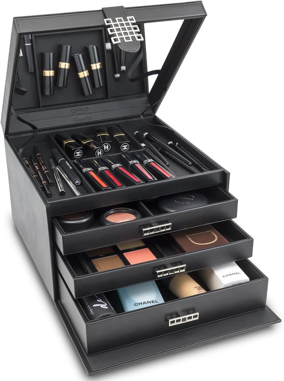 Extra Large Black PU Leather Makeup Organizer with 4 Drawers & Mirror