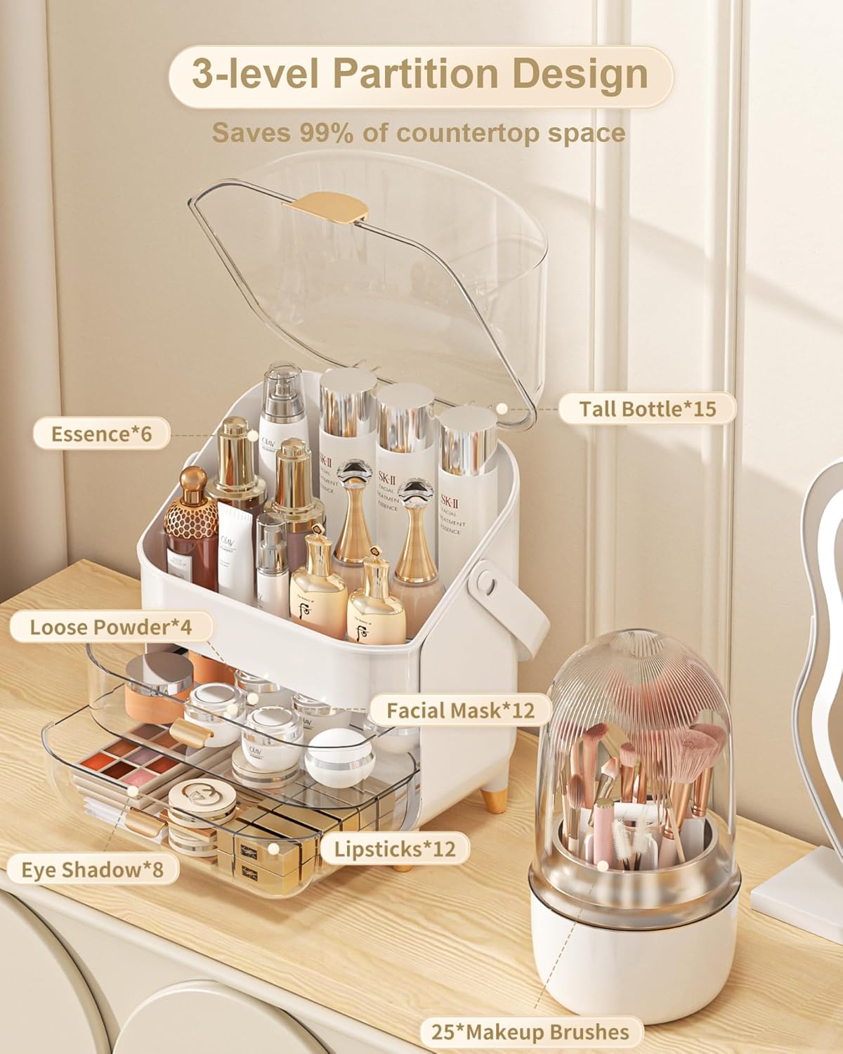 Makeup Organizer & Skincare Holder with Brush Holder for Vanity & Dresser - Image 3