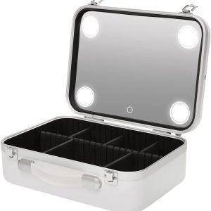 Makeup Train Case,Cosmetic Organizer Box Makeup Case with 3 Color LED Light and Type-c Charging Cable,Makeup Artist Organizer Kit with Customized Dividers (White)
