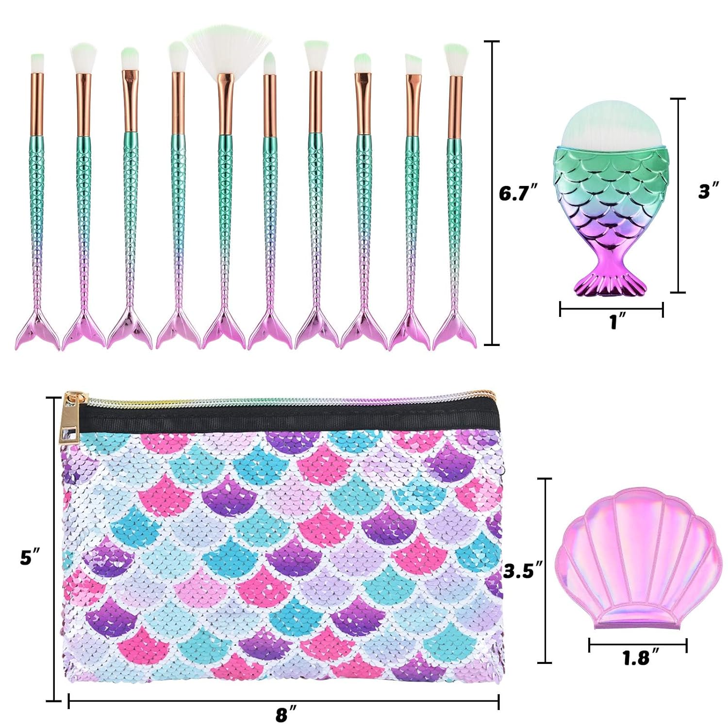 Mermaid 13 PCS Makeup Brush Set with Cosmetic Bag and Pocket Mirror - Image 6