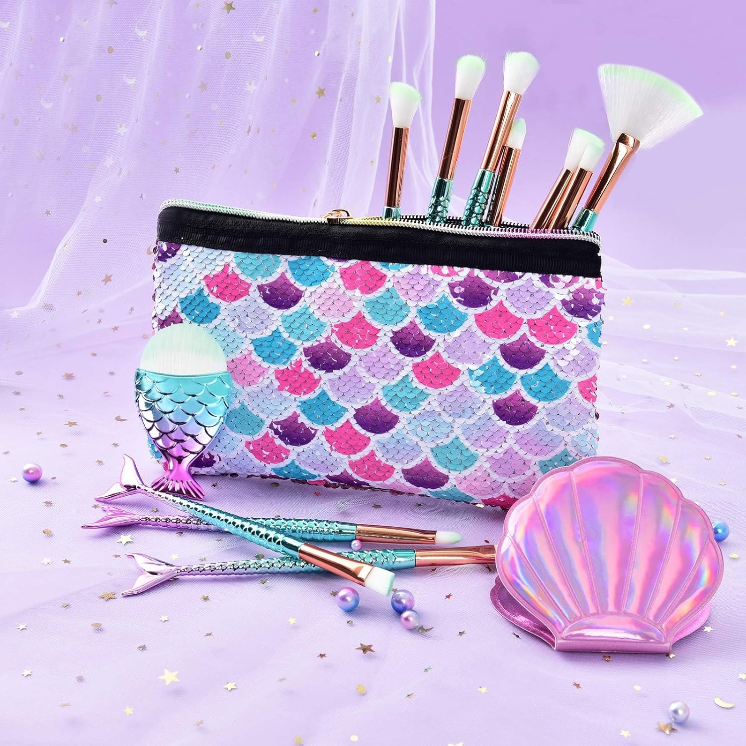 Mermaid 13 PCS Makeup Brush Set with Cosmetic Bag and Pocket Mirror - Image 5