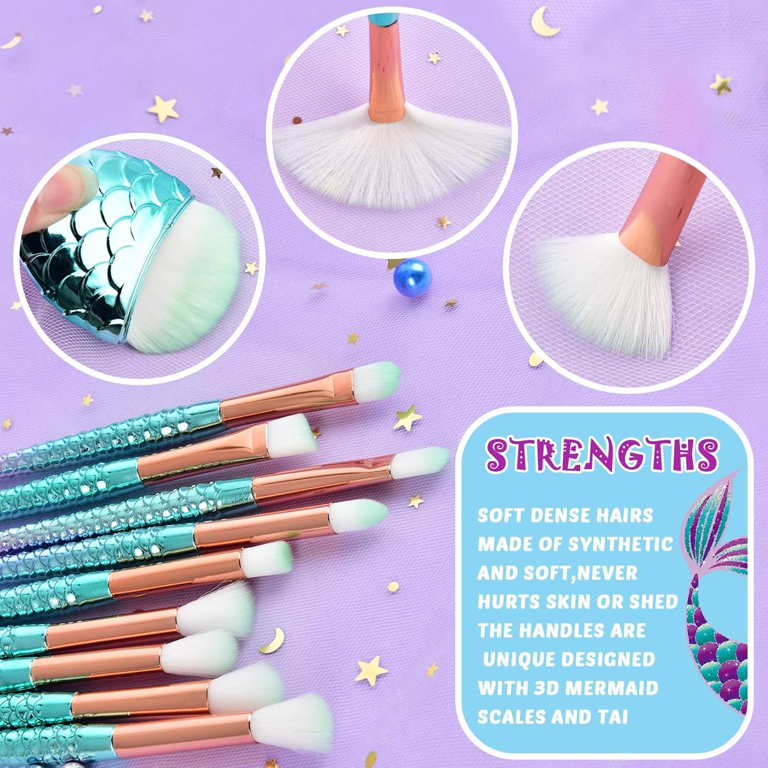 Mermaid 13 PCS Makeup Brush Set with Cosmetic Bag and Pocket Mirror - Image 4