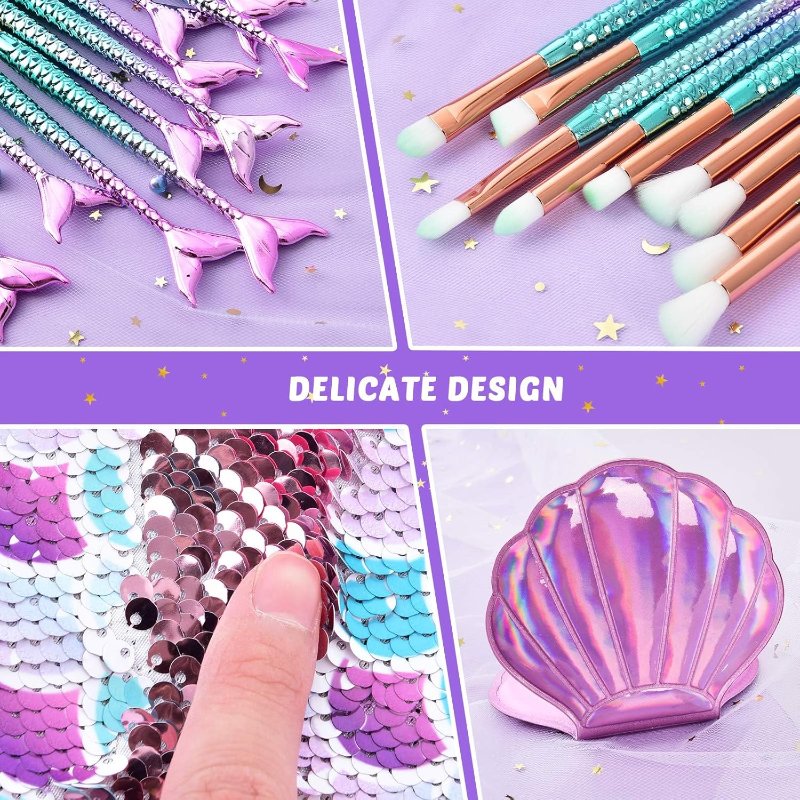 Mermaid 13 PCS Makeup Brush Set with Cosmetic Bag and Pocket Mirror - Image 3