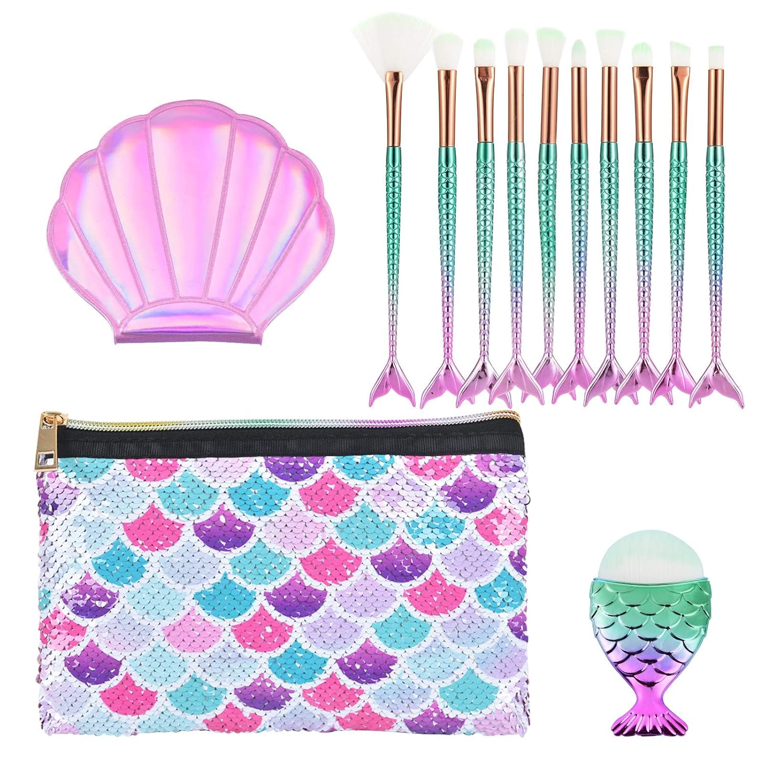 Mermaid 13 PCS Makeup Brush Set with Cosmetic Bag and Pocket Mirror