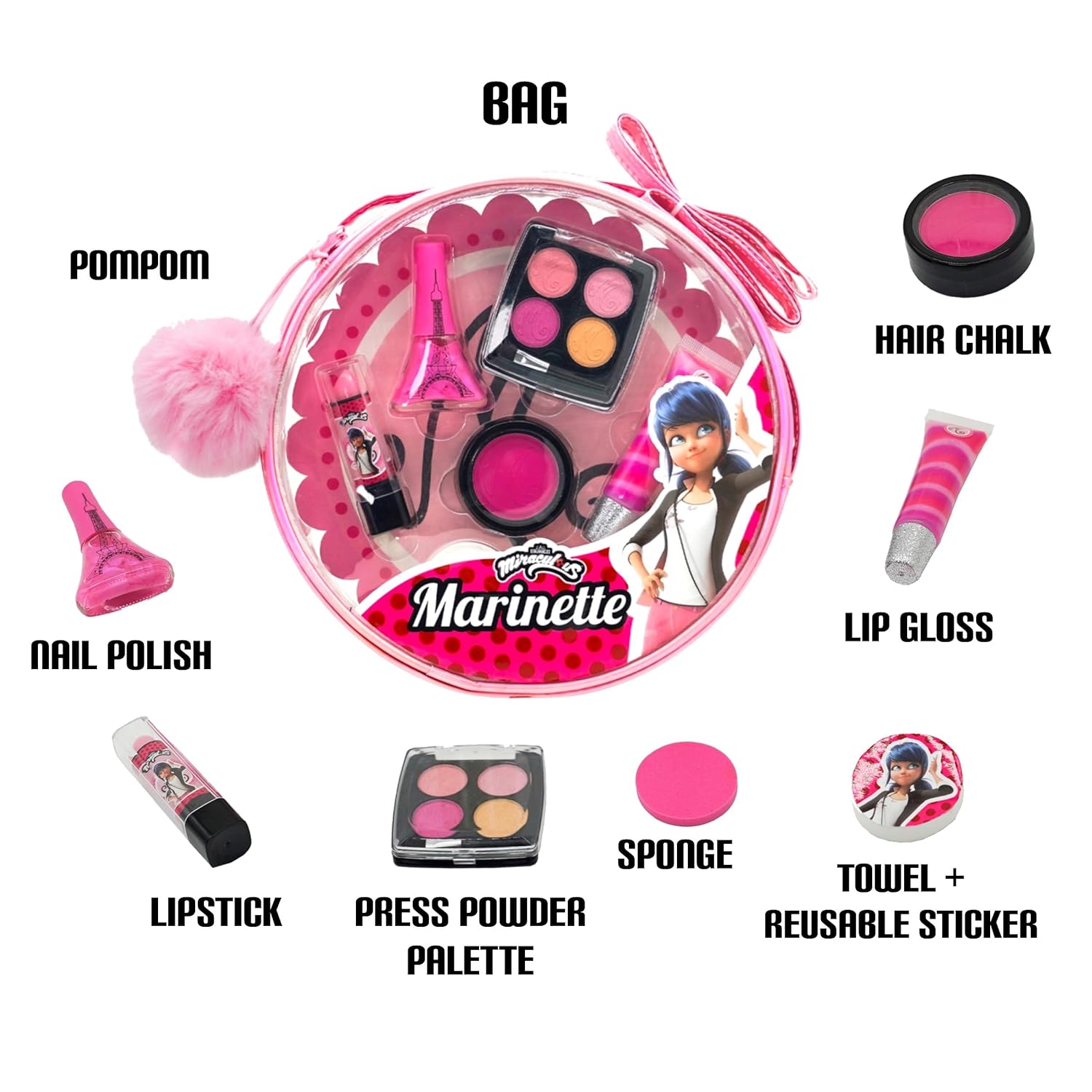 Miraculous Ladybug Kids Makeup Set - 10 Piece Bag with Nail Polish, Hair Chalk, Stickers & More - Safe, Non-Toxic Pretend Play Cosmetics - Marinette Themed Makeup Kit for Children - Image 2