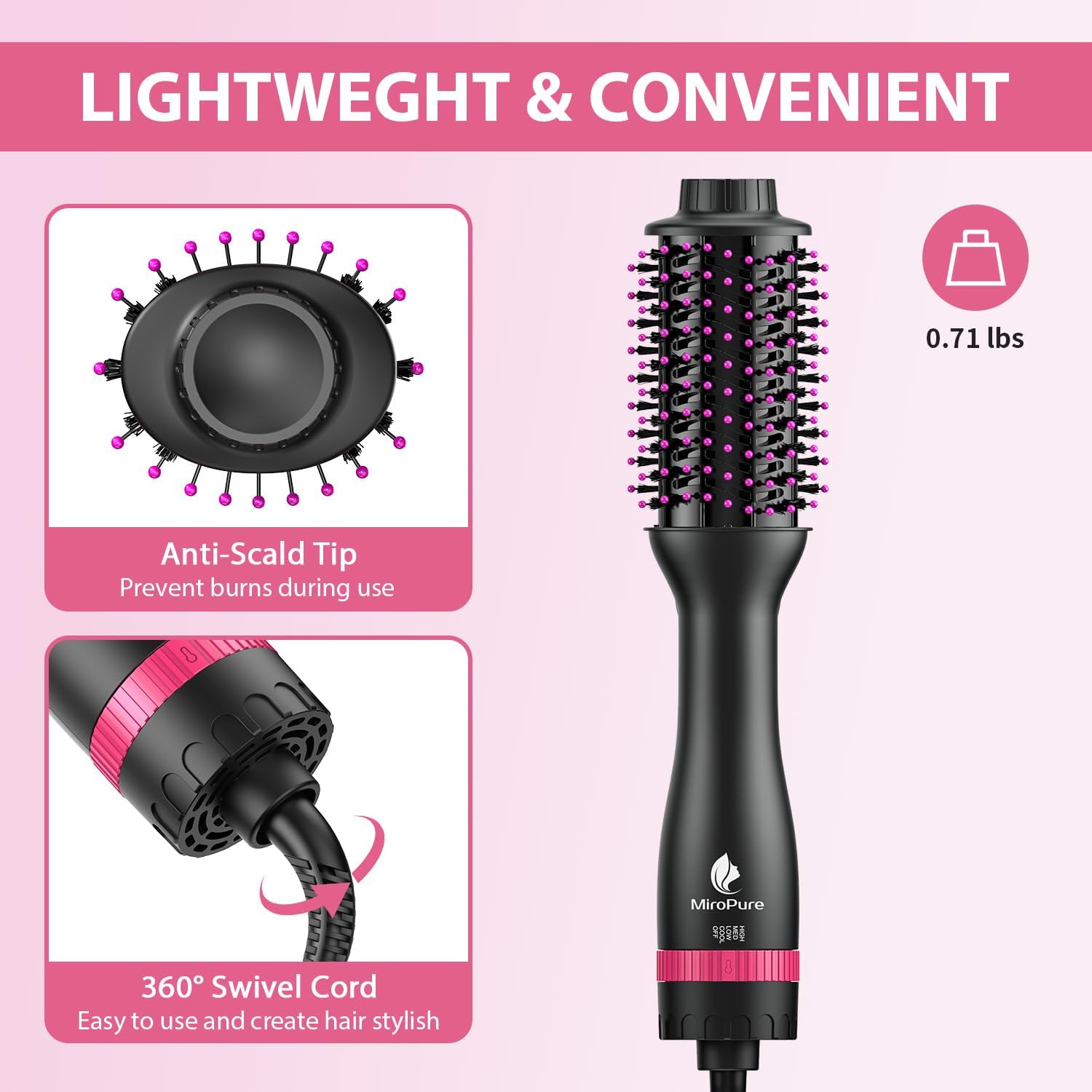 MiroPure 4-in-1 Hair Dryer Brush, Oval Barrel, Fast Drying, Rose Red - Image 6