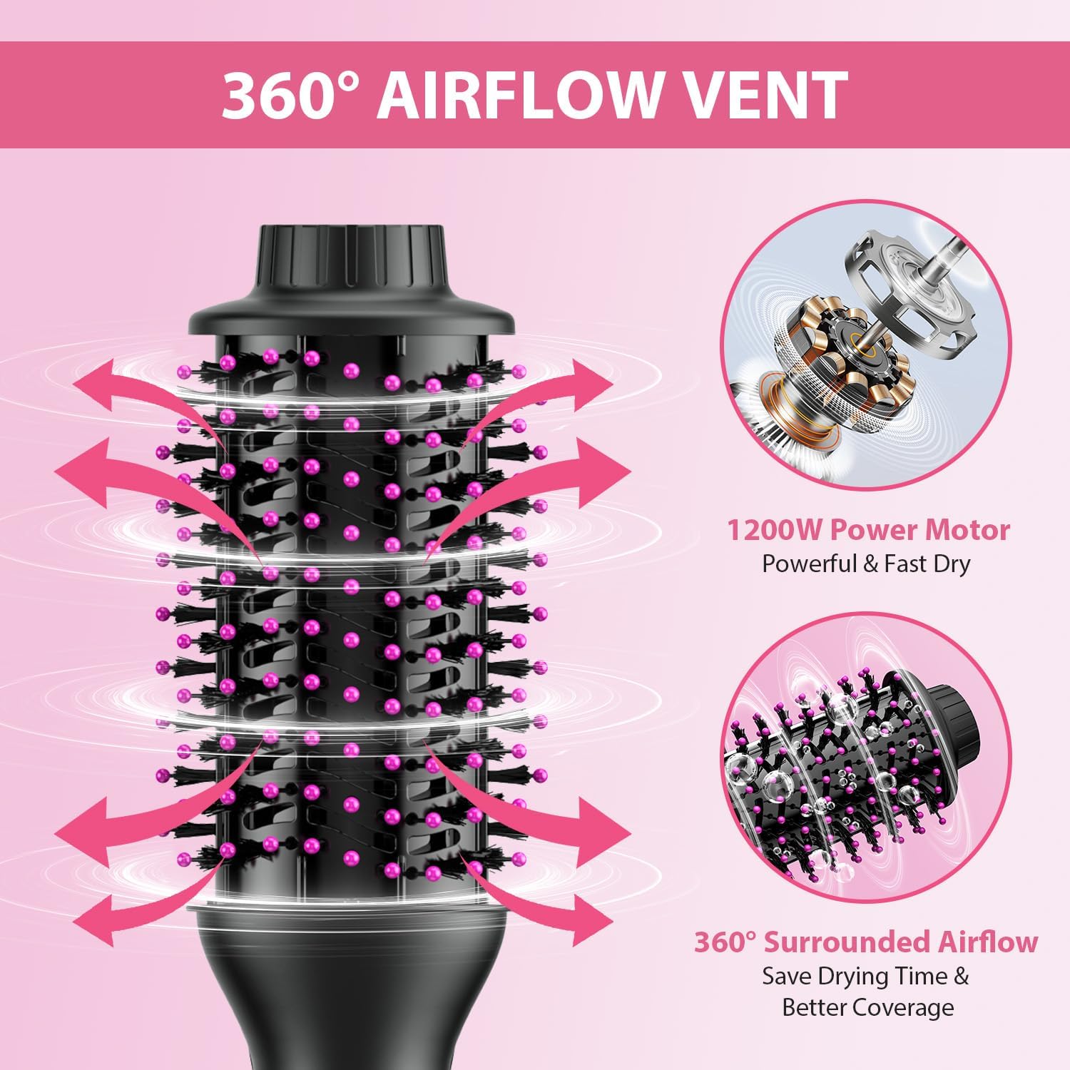 MiroPure 4-in-1 Hair Dryer Brush, Oval Barrel, Fast Drying, Rose Red - Image 4
