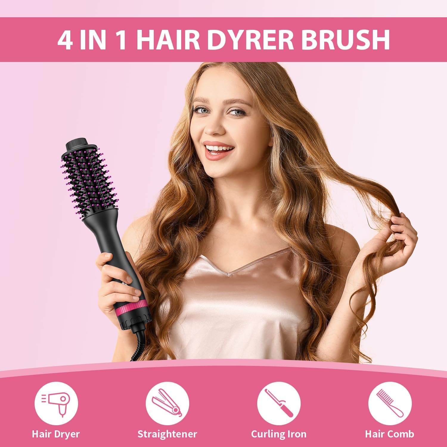 MiroPure 4-in-1 Hair Dryer Brush, Oval Barrel, Fast Drying, Rose Red - Image 3
