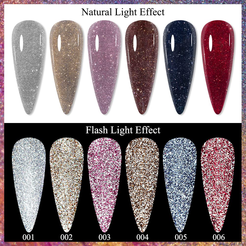 MIZHSE Reflective Glitter Gel Nail Polish, Shimmery Gel Polish Set 10ml Sparkly Shiny Gel Soak Off UV LED Nail Art Varnish Manicure Kit DIY at Home - Image 6