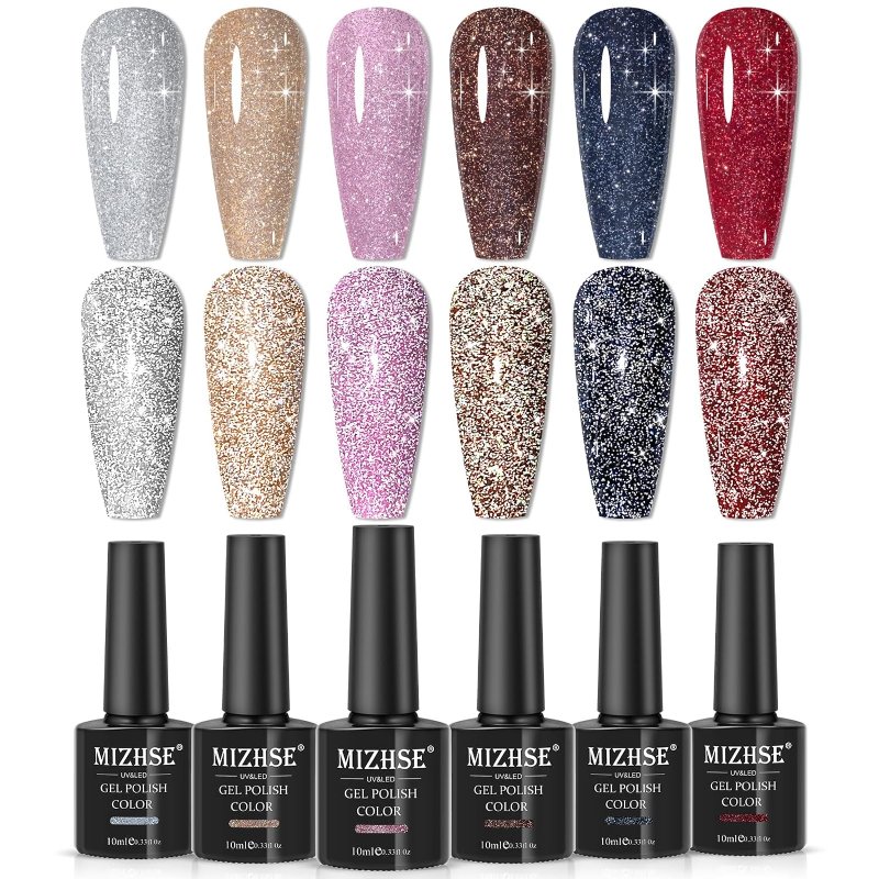 MIZHSE Reflective Glitter Gel Nail Polish, Shimmery Gel Polish Set 10ml Sparkly Shiny Gel Soak Off UV LED Nail Art Varnish Manicure Kit DIY at Home