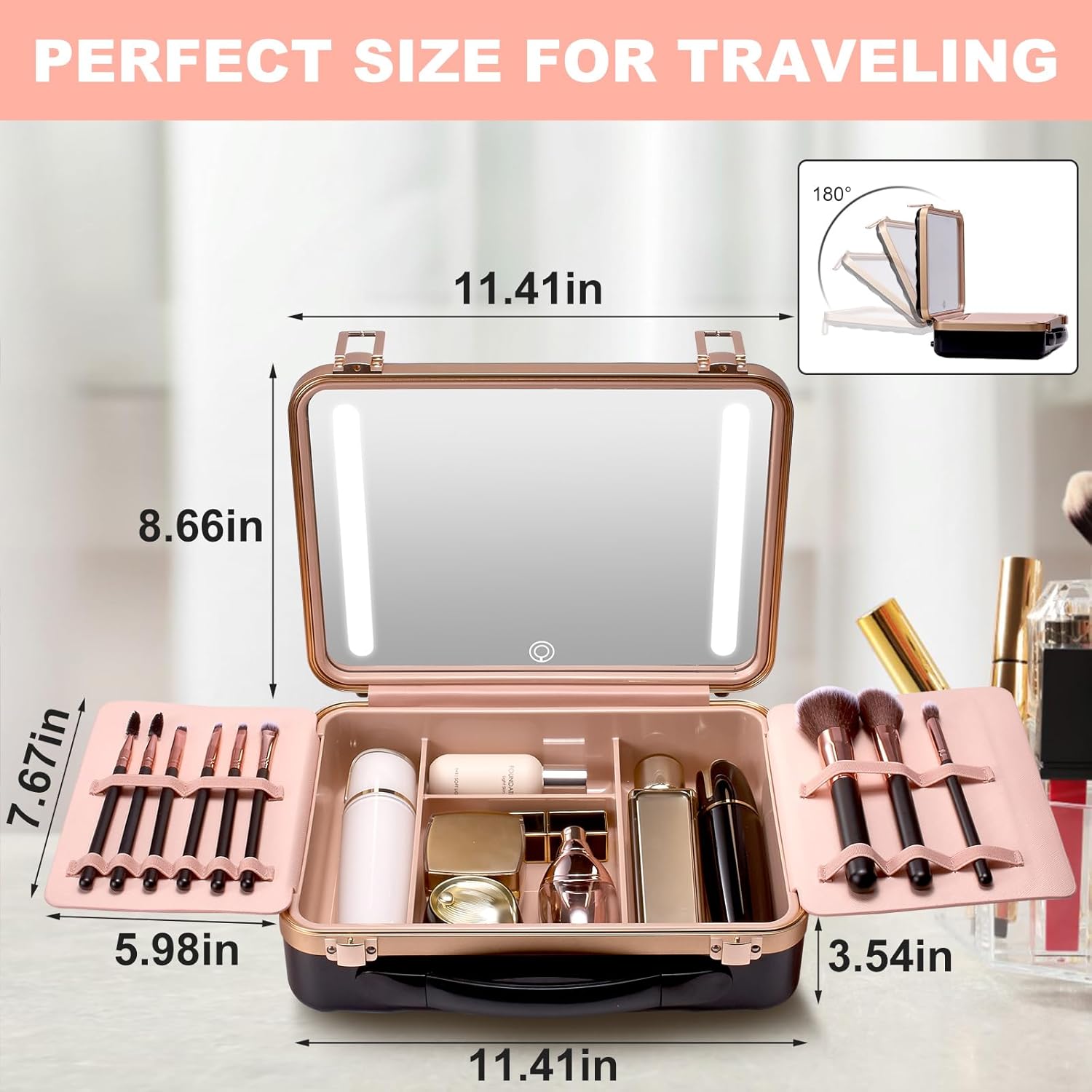 Mocado Travel Makeup Case with Lighted Mirror, 8 Brushes, and 10x Magnifier (Black) - Image 6