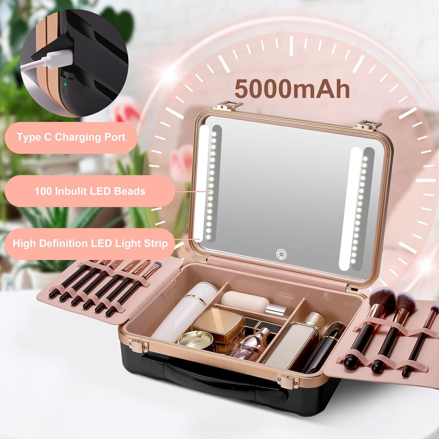 Mocado Travel Makeup Case with Lighted Mirror, 8 Brushes, and 10x Magnifier (Black) - Image 2
