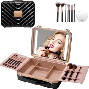 Mocado Travel Makeup Case with Lighted Mirror, 8 Brushes, and 10x Magnifier (Black)
