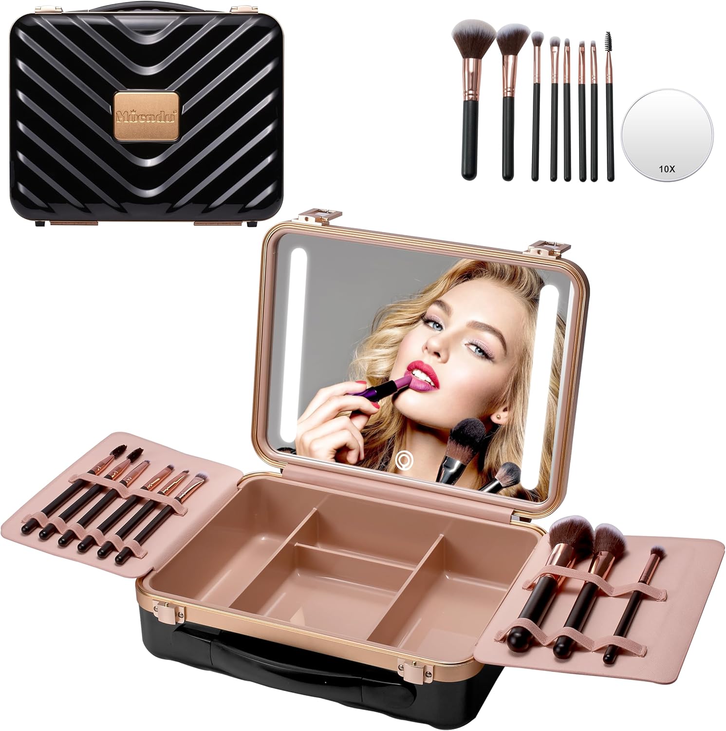 Mocado Travel Makeup Case with Lighted Mirror, 8 Brushes, and 10x Magnifier (Black)