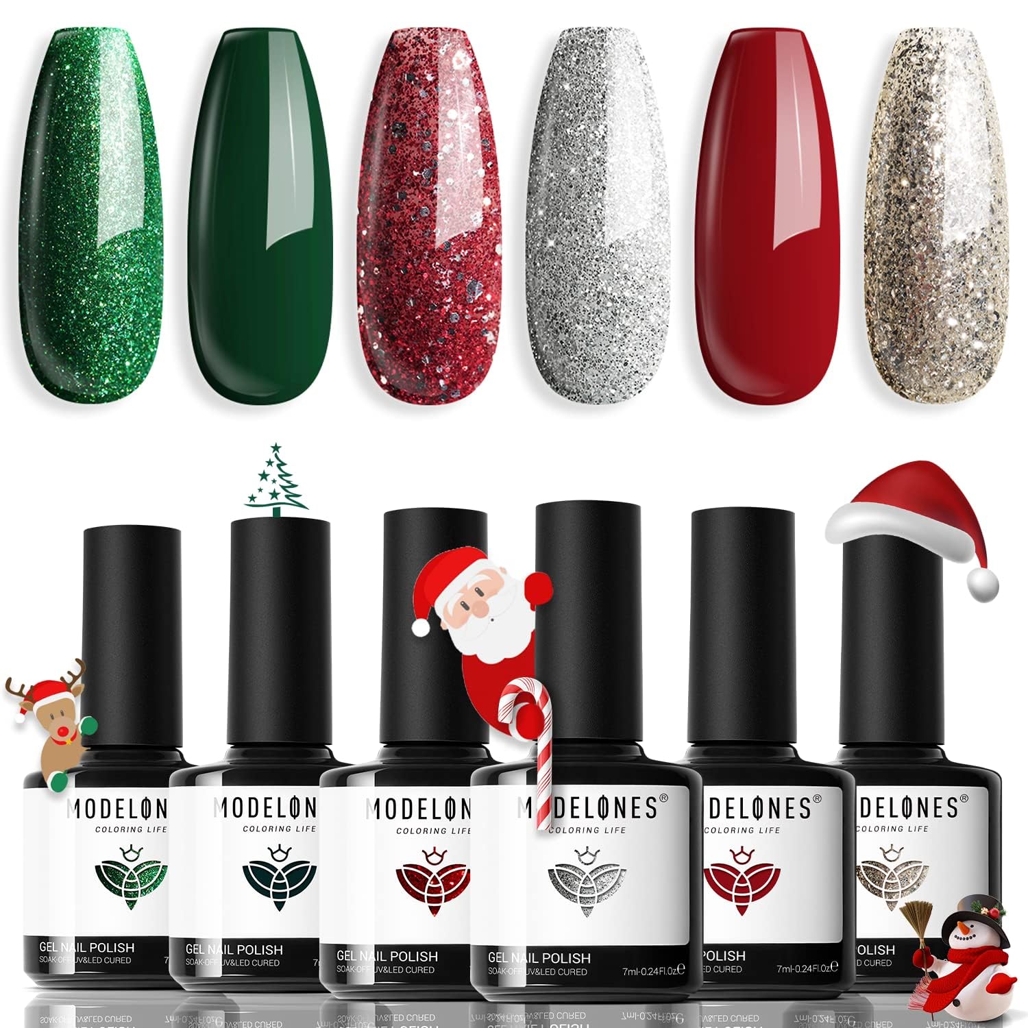 Modelones 6-Color Christmas Gel Nail Polish Set: Winter Shades & Glitter