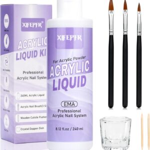 Monomer Acrylic Nail Liquid - 8.11fl.oz Acrylic Liquid for Acrylic Powder with 3 Size Acrylic Brushes, MMA-Free Non-Yellowing EMA Monomer Liquid for Acrylic Nail Extension & Carving