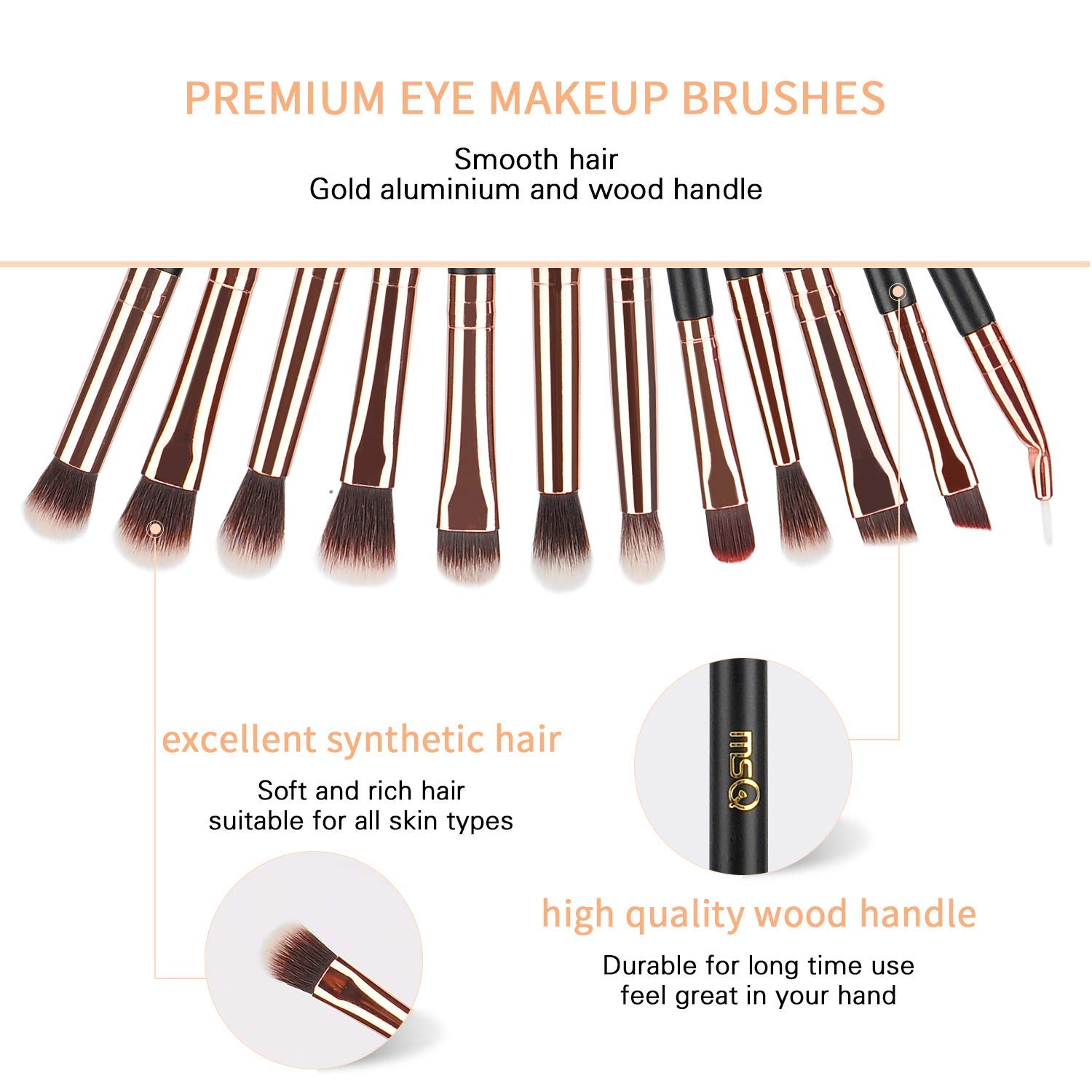 MSQ 12pcs Rose Gold Eye Makeup Brush Set, Soft Synthetic, Wood Handle - Image 3