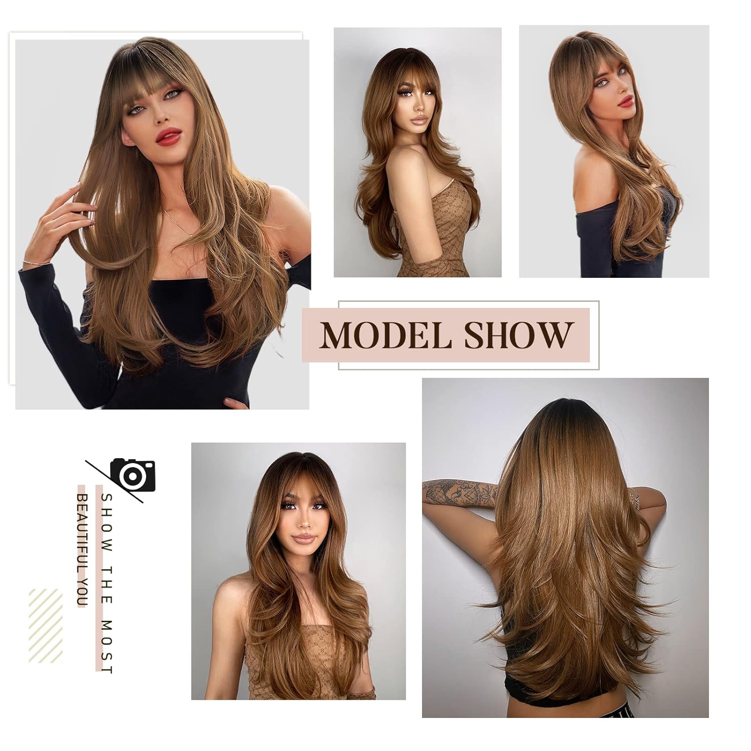 N NAYASA 24'' Ombre Brown Wig with Bangs, Dark Roots, Heat Resistant - Image 6