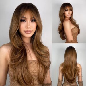 N NAYASA 24'' Ombre Brown Wig with Bangs, Dark Roots, Heat Resistant