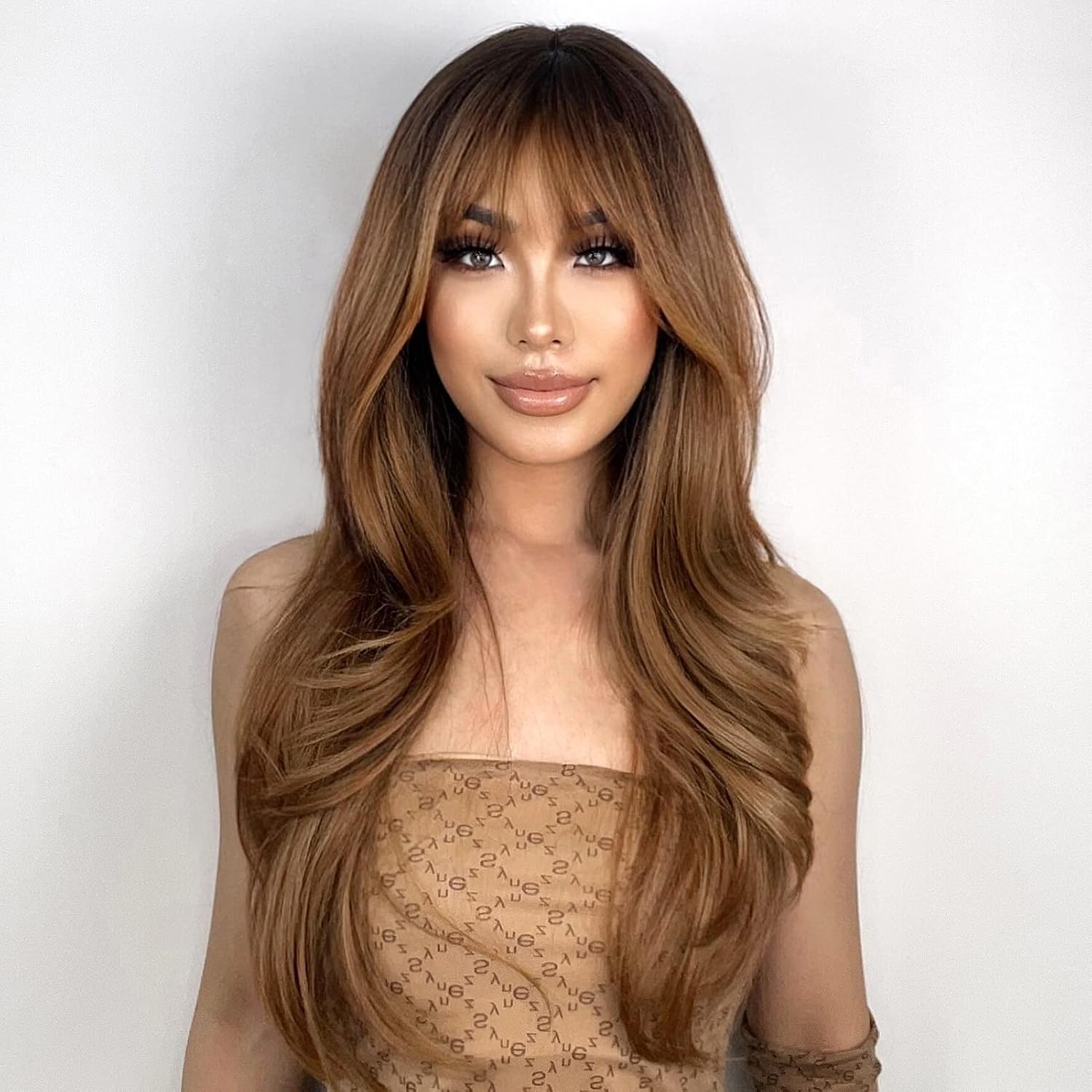 N NAYASA 24'' Ombre Brown Wig with Bangs, Dark Roots, Heat Resistant - Image 4