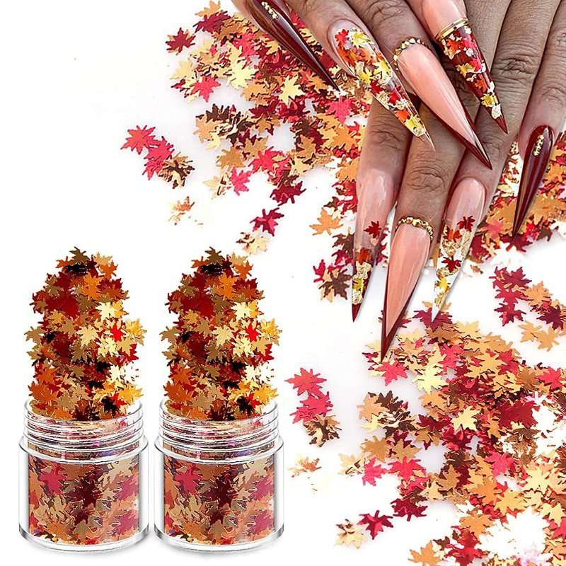 Nail Art Maple Leaf Flake 20gram Glitter Fall Leaves Metallic 3D Maple Leaf Shaped Red Yellow Orange Mixed Design Confetti -Maple Spangles for Women Girls Manicure Kit Decorations (2 Pot)…