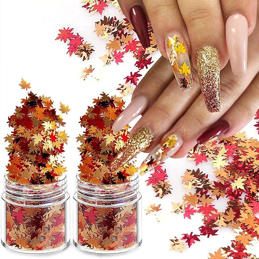 Nail Art Maple Leaf Flake 20gram Glitter Fall Leaves Metallic 3D Maple Leaf Shaped Red Yellow Orange Mixed Design Confetti -Maple Spangles for Women Girls Manicure Kit Decorations (2 Pot)… - Image 4