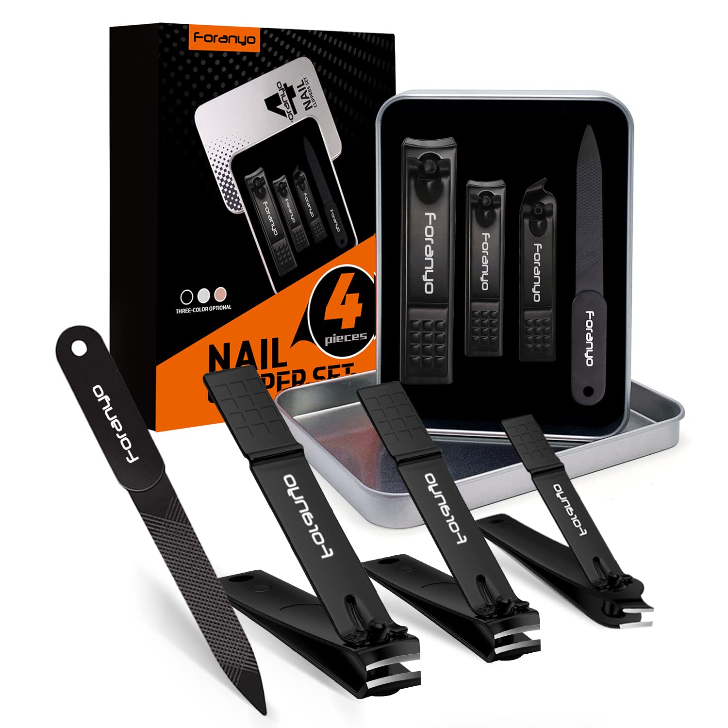 4-Pack Stainless Steel Nail Clipper Set for Men & Women, Black Tin Box