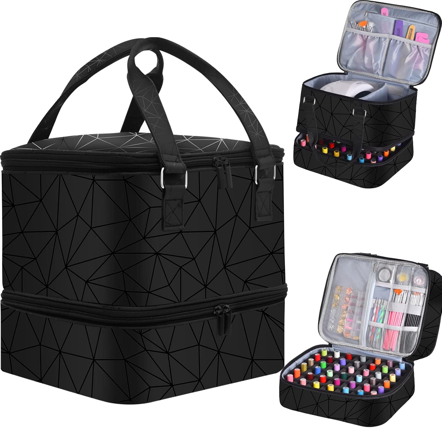 Nail Polish Organizer Case - Holds 42+ Bottles (15ml/0.5 fl.oz) and 1 Nail Lamp, Upgraded Double-layer Nail Polish Carrying Case Nail Polish Storage Bag with Handles (Black)