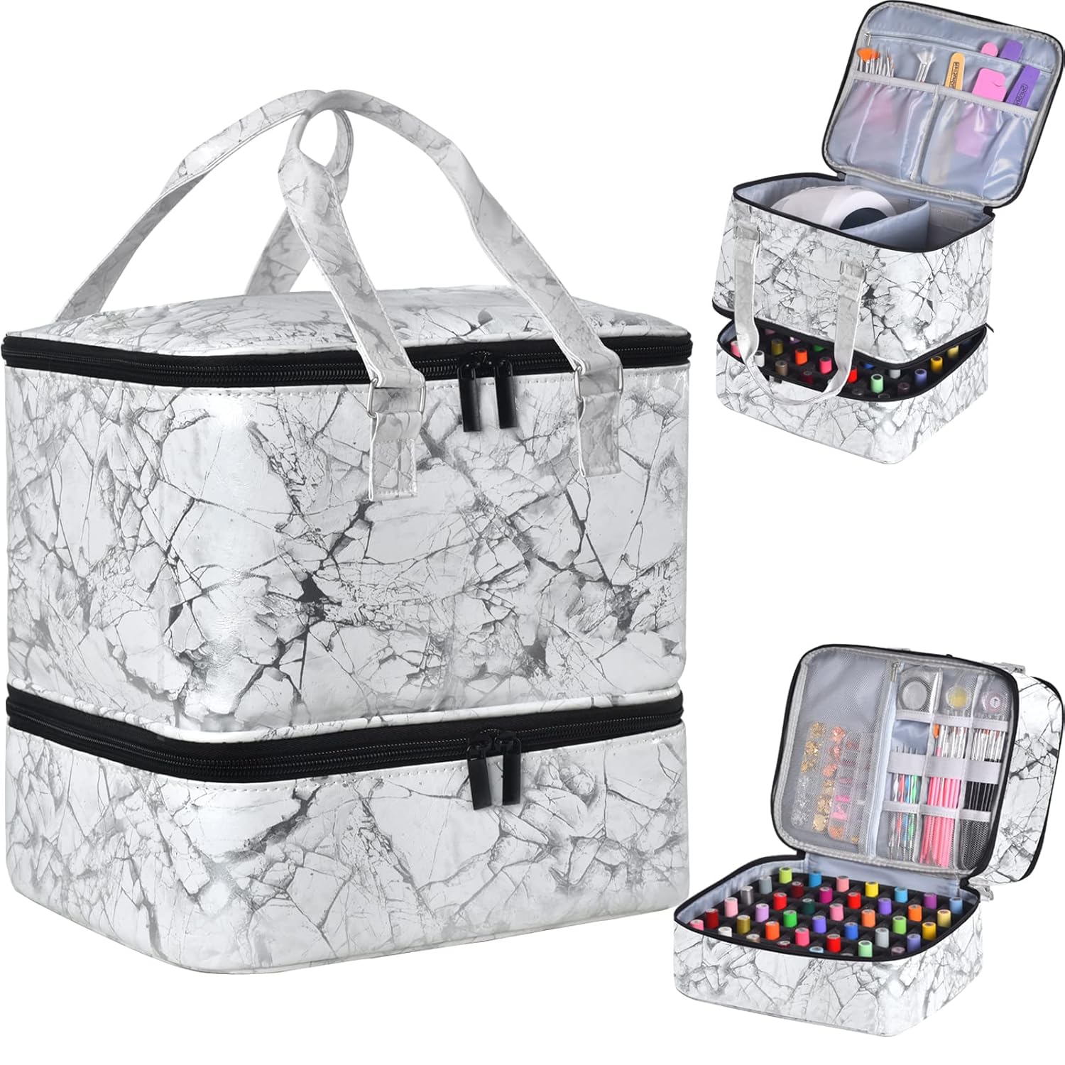 Nail Polish Organizer Case - Holds 42 Bottles & Nail Lamp, Double-layer (White)