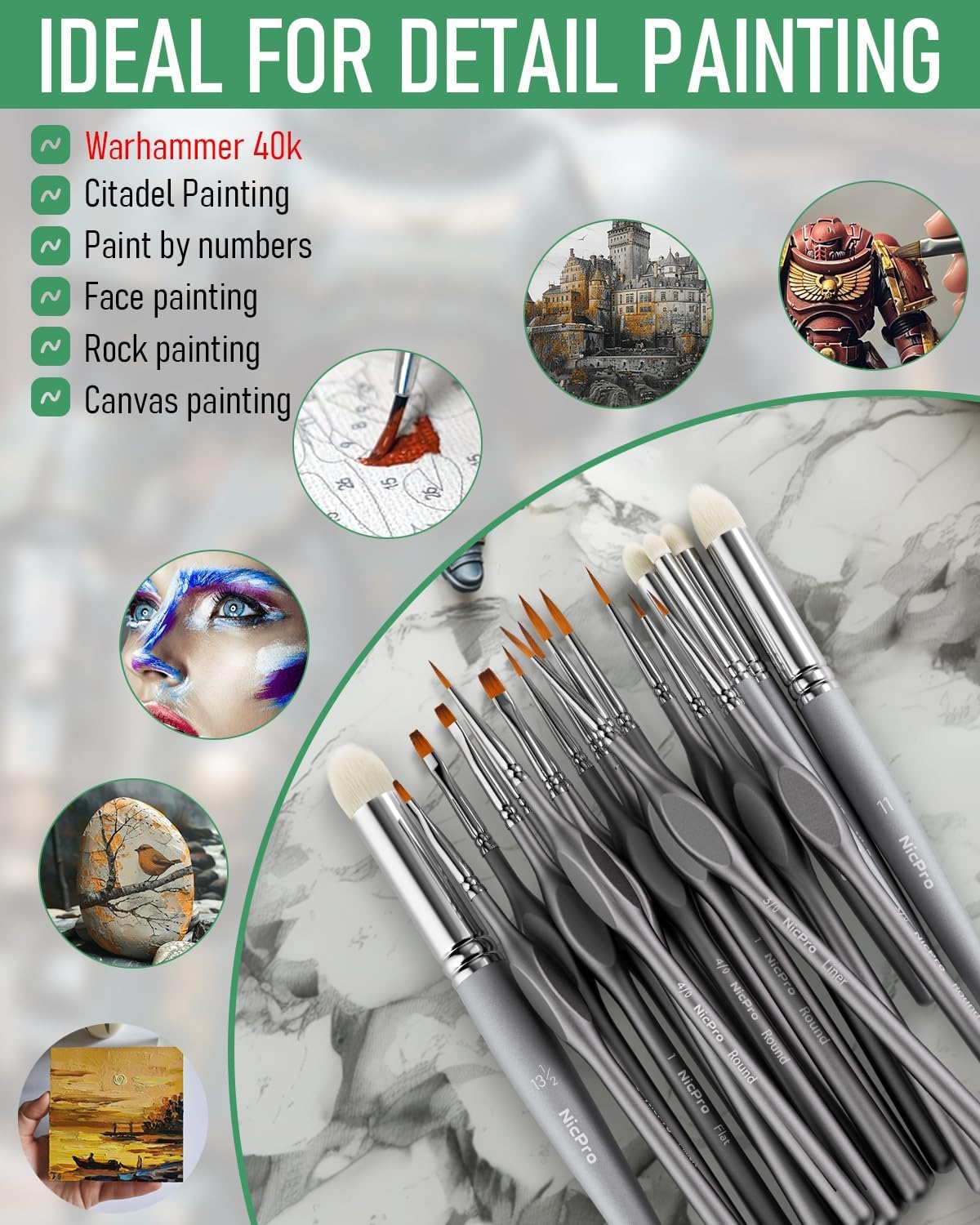 Nicpro Miniature Paint Brushes Dry brush - 20PCS Model Paint Brush Set with Nylon Case for Acrylic, Watercolor, Detail Paint Brush Drybrush for Warhammer 40k, Miniature Model, Citadel, Paint by Number - Image 6