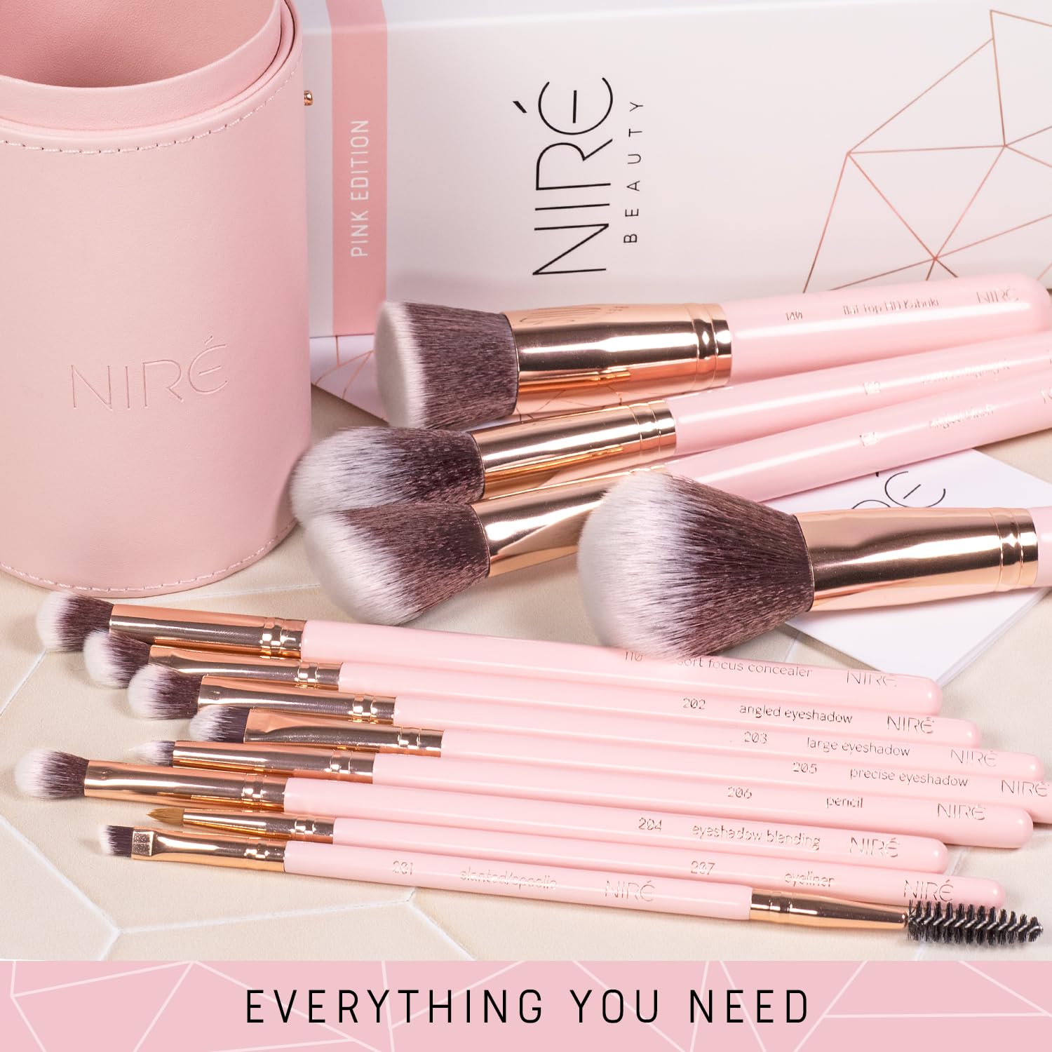 Niré Beauty 15-Piece Pink Makeup Brush Set with Case, Sponge, and Cleaner - Image 8
