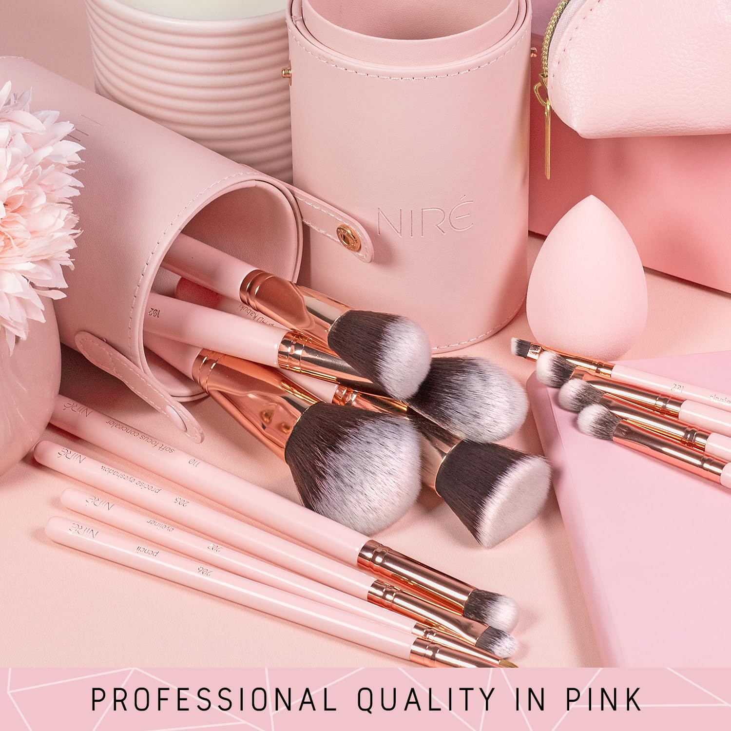 Niré Beauty 15-Piece Pink Makeup Brush Set with Case, Sponge, and Cleaner - Image 7