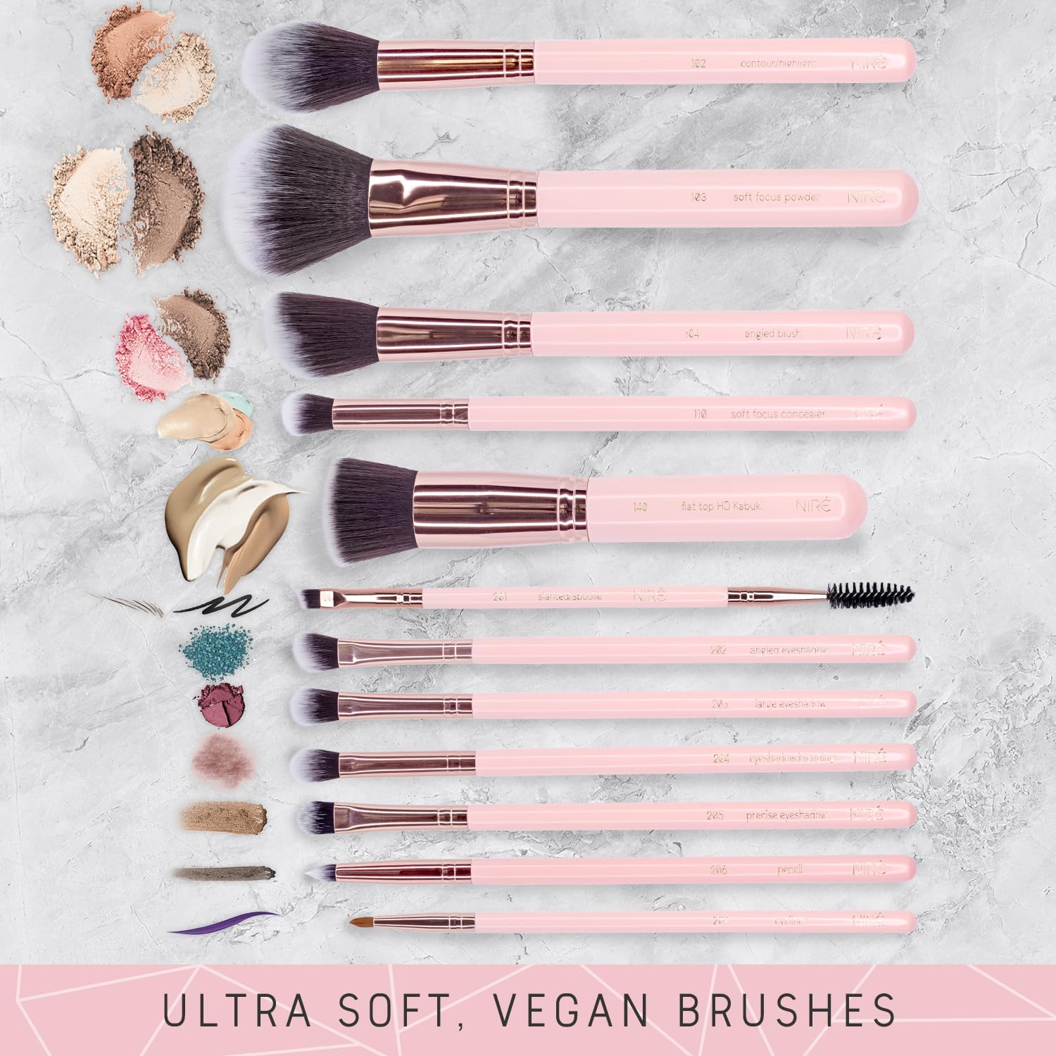 Niré Beauty 15-Piece Pink Makeup Brush Set with Case, Sponge, and Cleaner - Image 2