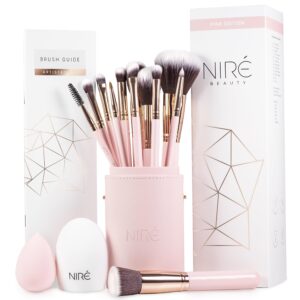 Niré Beauty 15-Piece Pink Makeup Brush Set with Case, Sponge, and Cleaner