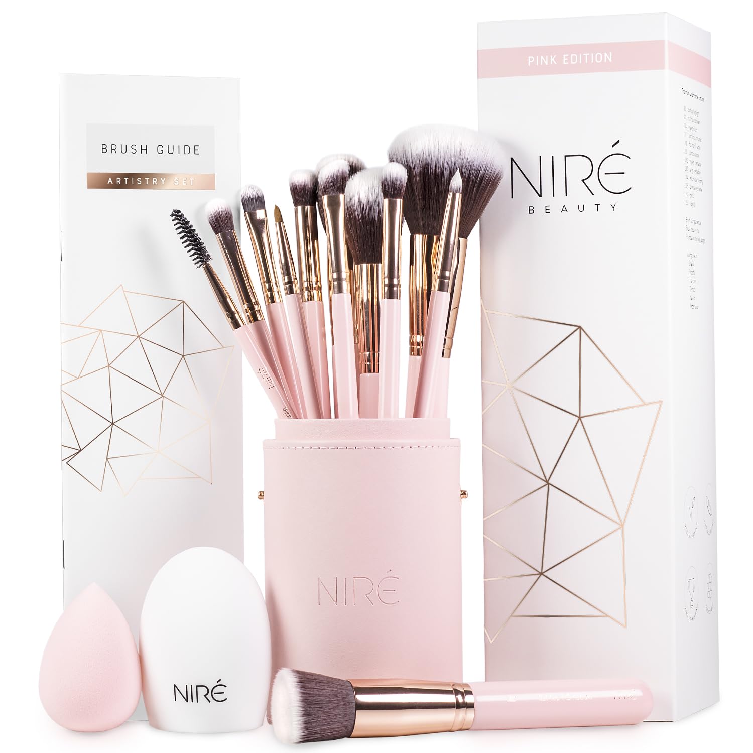 Niré Beauty 15-Piece Pink Makeup Brush Set with Case, Sponge, and Cleaner