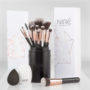 Niré Beauty 15-Piece Vegan Makeup Brush Set with Case, Sponge, Cleaner & Guide
