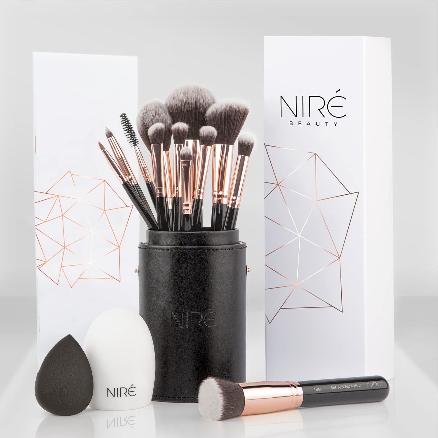 Niré Beauty 15-Piece Vegan Makeup Brush Set with Case, Sponge, Cleaner & Guide