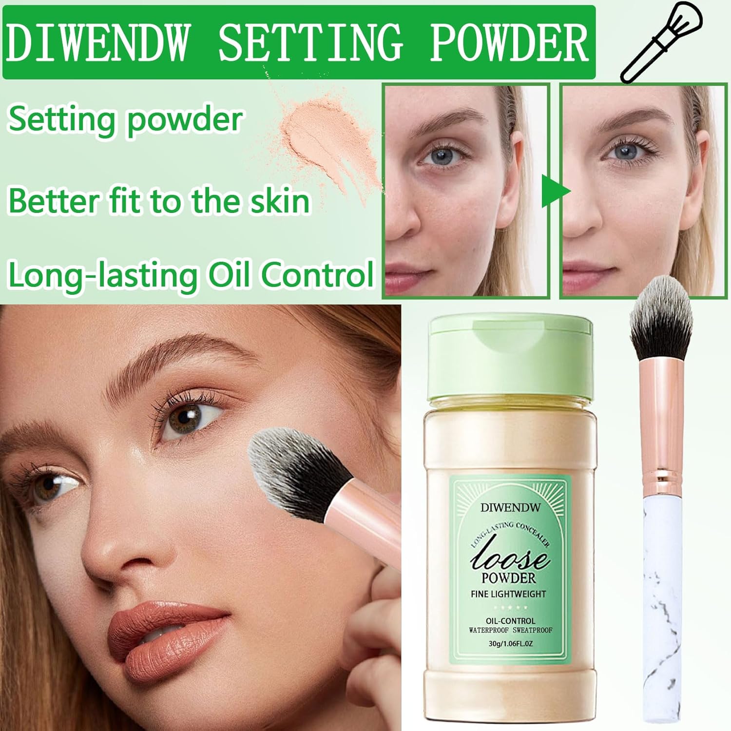 Oil Control Matte Translucent Loose Setting Powder with Brushes & Puff (3PCS) - Image 3