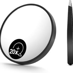 OMIRO 20X(200R) Magnifying Mirror and Eyebrow Tweezers Kit, 3.5" Two Suction Cups Magnifier Travel Set
