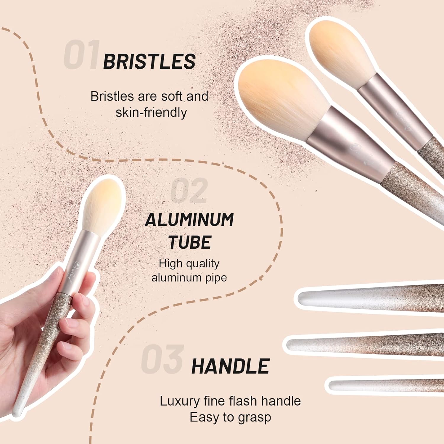 Oneleaf Makeup Brushes 10 Pcs Premium Synthetic Bristles Makeup Kit,Kabuki Foundation Blending Face Powder Blush Concealers Eye Shadows Brush Make up Professional Brushes Set with Gift Box (Golden) - Image 3