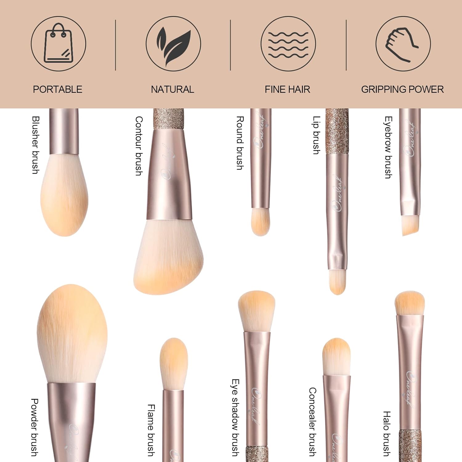 Oneleaf Makeup Brushes 10 Pcs Premium Synthetic Bristles Makeup Kit,Kabuki Foundation Blending Face Powder Blush Concealers Eye Shadows Brush Make up Professional Brushes Set with Gift Box (Golden) - Image 2