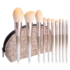 Oneleaf Makeup Brushes 10 Pcs Premium Synthetic Bristles Makeup Kit,Kabuki Foundation Blending Face Powder Blush Concealers Eye Shadows Brush Make up Professional Brushes Set with Gift Box (Golden)