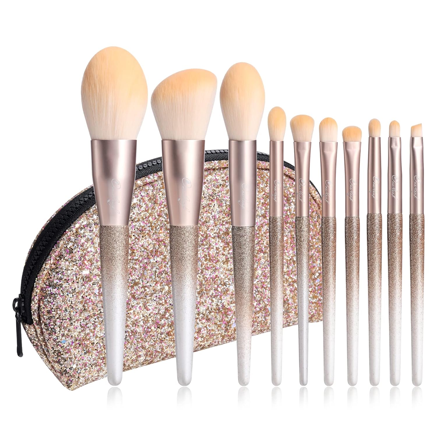 Oneleaf Makeup Brushes 10 Pcs Premium Synthetic Bristles Makeup Kit,Kabuki Foundation Blending Face Powder Blush Concealers Eye Shadows Brush Make up Professional Brushes Set with Gift Box (Golden)