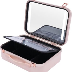 Portable Makeup Case Cosmetic Organizer Box Makeup Train Case with Lights Mirror and Customized Dividers Large Makeup Artist Organizer Kit, 13.4 * 4.7 * 9.4in, Pink/White (Pink)