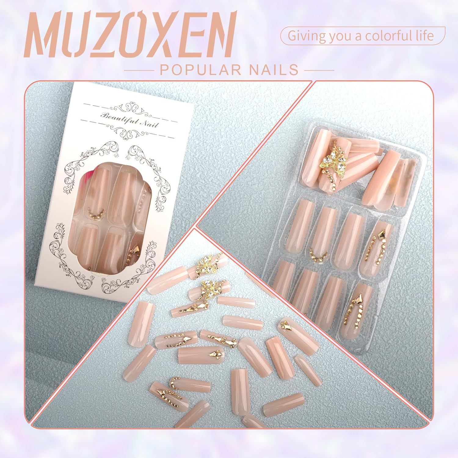 24pcs Long Coffin Press-On Nails with 3D Butterflies & Gold Rhinestones - Image 3